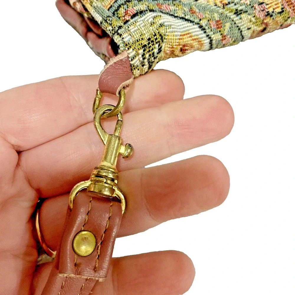 Vintage Floral Tapestry Clutch Purse Pink Leather Strap Convertible Shoulder Bag